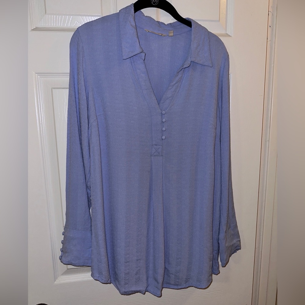 Soft Surroundings Light Blue Tunic Top LARGE Crinkle Relaxed Lagenlook Shirt LRG